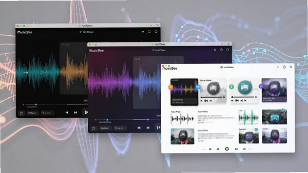 MusicBee个性化界面定制效果图，展示多种不同颜色主题和布局的播放器窗口，体现其灵活的换肤功能，背景为抽象的音乐波形图案