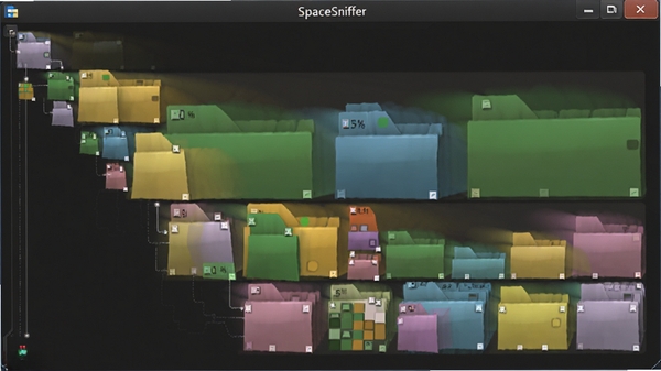 SpaceSniffer主界面预览图，画面中央显示彩色方块组成的树状磁盘映射图，每个方块大小代表文件占用比例，背景为深灰色科技感界面，软件名称SpaceSniffer清晰显示在窗口标题栏，整体风格简洁明快，光影细节丰富