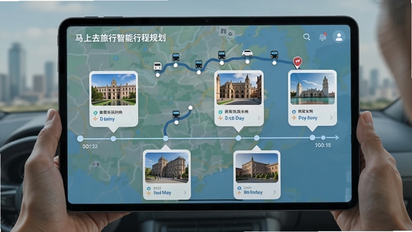 马上去旅行智能行程规划界面，屏幕上显示一条以时间轴形式呈现的旅行路线，每个景点卡片配有缩略图和推荐游玩时长，背景是地图路线和交通工具图标，画面清晰直观，突出智能规划功能。