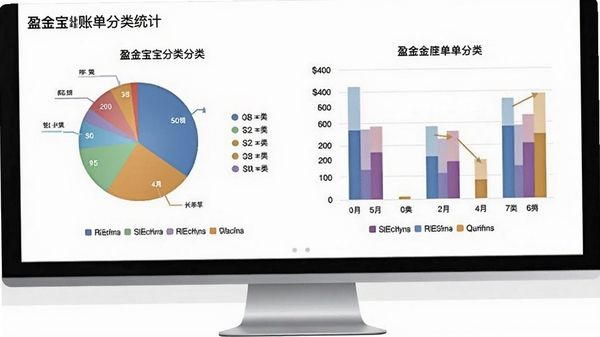 盈金宝账单分类统计界面,展示饼图与柱状图,各分类用不同颜色区分,背景为白色,图表下方有图例说明,整体风格商务简洁,突出数据可视化效果