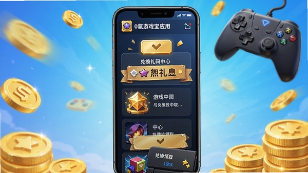 0氪游戏宝应用主界面预览图,手机屏幕展示游戏礼包列表与兑换码中心,背景为游戏手柄与金币元素,画面清晰明亮,突出福利聚合与免费领取主题