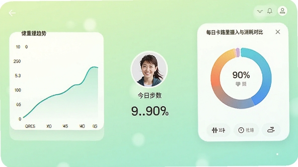 轻体计划软件主界面预览图,展示体重趋势曲线、每日卡路里摄入与消耗对比圆环图,背景为浅绿色渐变,界面简洁现代,中央显示用户头像与今日步数,整体风格清爽明亮,适合健康类应用展示