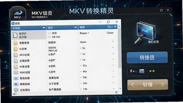 MKV转换精灵软件界面预览图，展示主窗口、文件列表、转换按钮等核心元素，背景为深色科技感风格，突出软件名称与主要功能图标