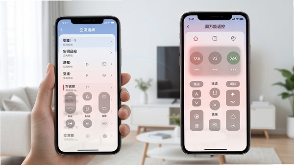 手机连接空调万能遥控的主界面预览图，展示空调品牌选择列表、遥控按钮布局，背景为简约客厅环境，手机屏幕发出柔和红外光，整体色调清爽明亮，突出软件易用性与科技感