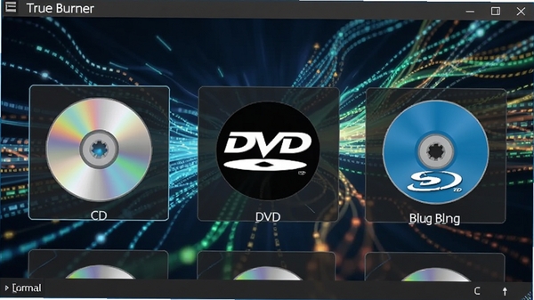 True Burner软件界面显示多种光盘格式选项，包括CD、DVD和蓝光光盘图标，背景为抽象的数据流动线条，色彩明亮，突出软件对多种格式的兼容性