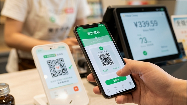 Nihao China 手机支付场景特写,近景展示用户使用软件扫描商户二维码,商户收银台背景虚化,屏幕中显示支付成功界面与金额,画面光线明亮,突出安全与便捷性,整体风格写实且充满生活气息。