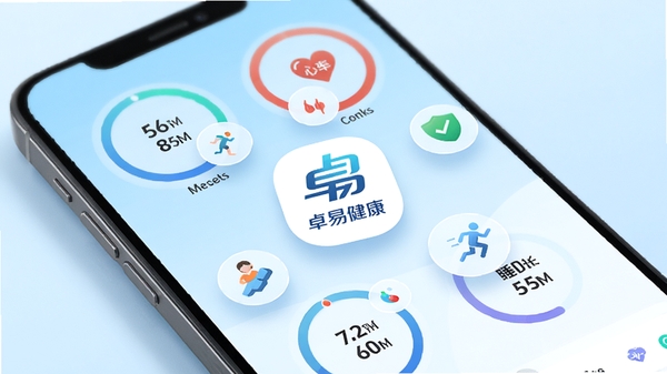 卓易健康应用主界面预览图,展示手机屏幕上的健康数据仪表盘,包括步数、心率、睡眠时长等圆形进度环,背景为清新的淡蓝色渐变,整体风格现代简约,画面中央悬浮着卓易健康的品牌Logo,周围点缀着健康元素图标,光影柔和,细节丰富