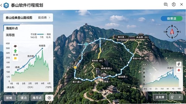 i泰山软件行程规划界面，显示泰山经典登山路线图与海拔高度标注，背景为泰山实景地图，界面清晰展示推荐路线与补给点