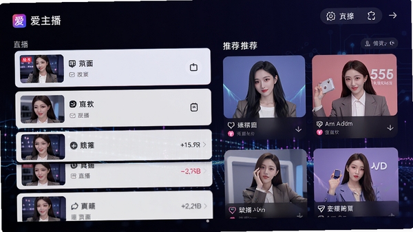 爱主播软件主界面预览图，展示直播列表和推荐内容，背景为深色科技感渐变，界面元素清晰，整体风格现代简洁