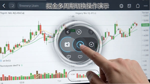 K线掘金多周期切换操作演示，手指点击屏幕切换K线周期的动态效果，背景为不同周期的K线图对比，画面简洁明了