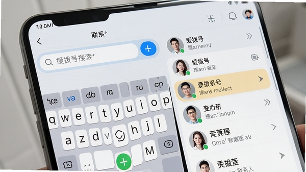 爱拨号智能搜索联系人界面，展示键盘输入拼音首字母后联系人列表快速过滤的效果，界面风格现代，搜索结果高亮显示，背景为浅色系，突出搜索框和联系人条目