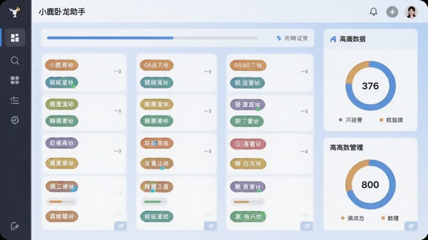 小鹿卧龙助手推广软件的任务看板界面截图，展示彩色标签卡片在列中排列，背景为柔和的渐变蓝，画面包含进度条与数据圆环元素，体现高效管理氛围