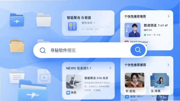 寻秘软件主界面预览图，画面中央是醒目的搜索框，背景融合了文件图标、新闻卡片和个性化推荐模块，整体风格现代简约，主色调为蓝白渐变，突出智能聚合与信息发现的核心功能