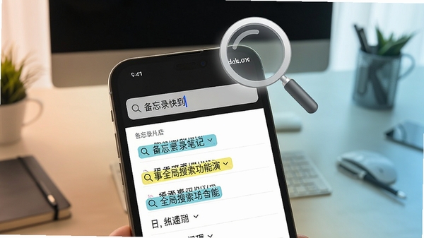 备忘录笔记记事全局搜索功能演示，手机屏幕显示搜索框内输入关键词，下方列出高亮匹配的笔记条目，背景为渐变色办公桌面，画面中有一个放大镜图标悬浮在上方，强调快速查找与精准定位