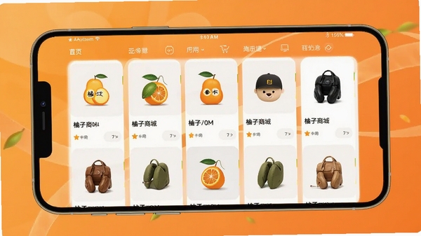 柚子商城手机购物应用主界面预览图，画面中央展示丰富商品瀑布流，背景为温暖的橙色调渐变，整体风格现代简约，突出APP界面设计感与购物氛围