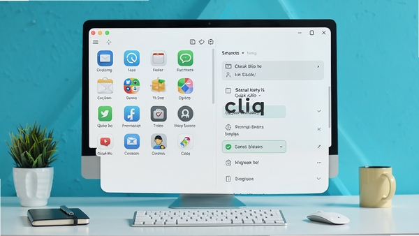 quick cliq 软件主界面预览图，展示其悬浮快捷面板与自定义指令列表，背景为简洁的现代办公桌面，图标排列整齐，色调明快，整体风格干净专业，画面细节丰富，突出软件的高效与便捷特性