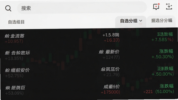K线掘金行情列表界面，展示多只股票名称、最新价、涨跌幅，红色绿色数字交替，顶部有搜索栏和自选分组标签
