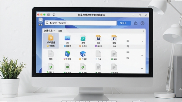 好卓搜搜本地文件搜索功能演示图,电脑屏幕上显示出搜索框与快速列出的文件列表,文件类型图标清晰可见,背景为干净的桌面环境,软件名称标注在窗口顶部