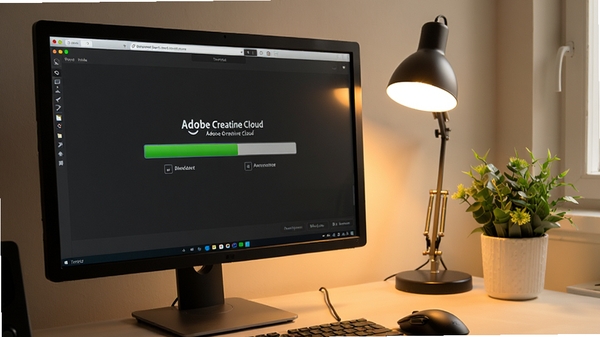 Adobe Creative Cloud安装过程截图，电脑屏幕显示安装进度条，周围环境为整洁的书桌，有台灯和绿植，色调温暖，展现安装过程中的专注氛围