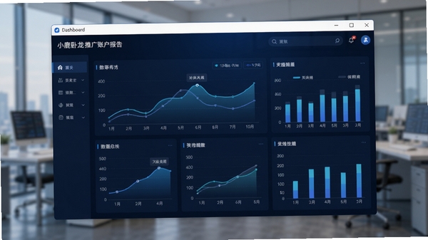 小鹿卧龙推广账户报告的主界面截图,展示清晰的数据看板与图表分析功能,画面以深蓝色科技感为主色调,背景为模糊的办公环境,前景是软件主窗口,窗口内显示各类数据曲线与柱状图,整体风格专业且现代,适合办公软件预览图