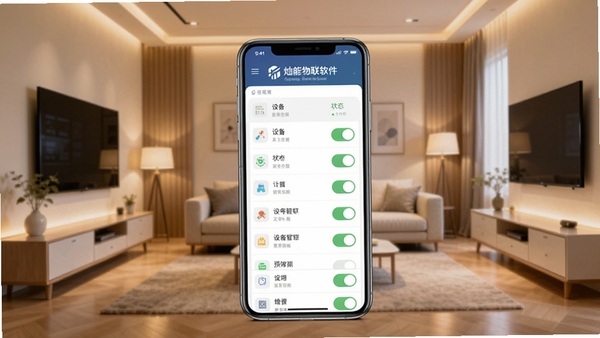 灿能物联软件主界面预览图，画面中央为手机屏幕展示设备列表与状态开关，背景为现代简约的智能家居客厅，暖色调灯光，整体风格干净明亮，突出软件的品牌名称与设备管理核心功能