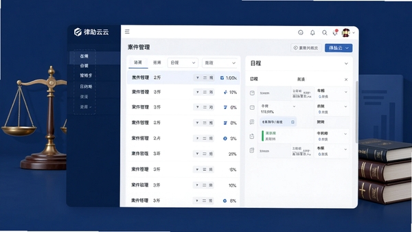 一张展示律助云软件核心界面的高清截图，画面中央是案件管理列表与日程看板，背景为简约的深蓝色法务主题，配以天平、法典等元素，整体风格商务、专业、明亮，适配移动端竖屏展示。