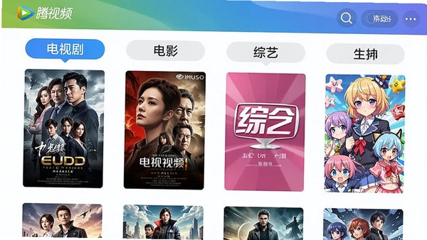 腾讯视频软件内容资源库展示图，画面中呈现多个分类标签如电视剧、电影、综艺、动漫，每个标签下都有精美的海报封面，整体设计现代且信息丰富，背景为渐变色