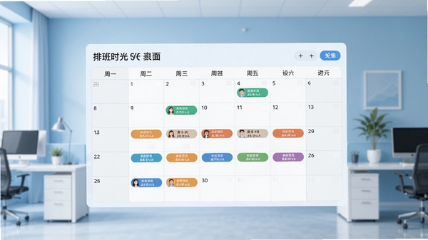 排班时光软件主界面展示图，画面中央是一块清晰的周排班日历，上面有不同颜色的班次标签，背景为简洁的办公室环境，浅蓝色调，整体风格清爽专业，突出软件的名称和智能排班功能