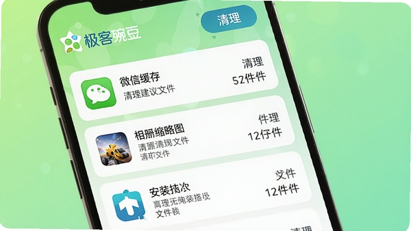 极客豌豆智能清理功能预览，手机屏幕显示扫描出的缓存垃圾列表，包含微信缓存、相册缩略图、安装包等条目，每个条目带有清理建议与文件大小，背景为浅绿色渐变，顶部有极客豌豆的logo与清理按钮，画面干净明亮，突出高效清理的特点。