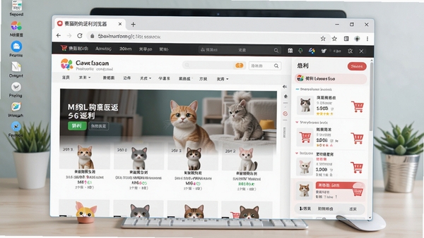 赛猫购购返利浏览器主界面截图，展示浏览器工具栏上的返利图标和侧边栏的购物信息面板，背景为清晰的电脑桌面环境，整体风格现代简洁，色彩明亮，浏览器窗口完整显示一个主流购物网站页面
