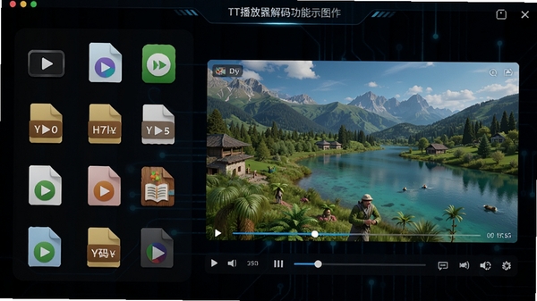 TT播放器解码功能示意图,画面左侧列出多种视频文件图标,右侧为正在播放的高清自然纪录片画面,色彩鲜艳,细节清晰,背景为深色科技感界面,突出全能解码特性