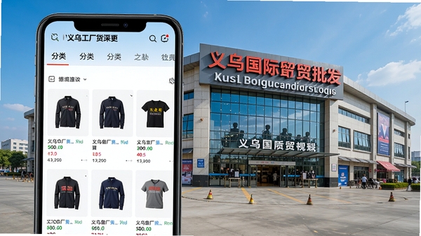 义乌工厂货源批发软件主界面,展示商品瀑布流、分类导航栏,背景为义乌国际商贸城实景,前景为手机屏幕特写,画面清晰明亮,突出源头工厂直采概念,适配Boogu模型生成