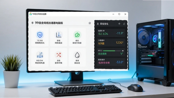 99宿舍网络加速器电脑版主界面截图，展示清晰的网络优化功能布局与实时状态监控面板，背景为现代化的桌面环境，整体风格简洁明亮