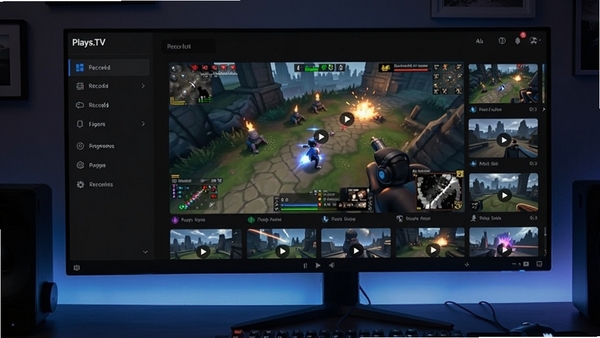 Plays.TV 是一款桌面端游戏录像软件,主界面展示录制好的游戏片段列表,界面风格简洁现代,深色背景,左侧为功能导航,右侧为视频缩略图墙,画面中一台电脑显示器上正播放着游戏精彩时刻,整体氛围充满科技感与游戏动感。