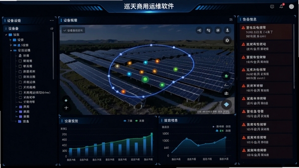 巡天商用运维软件界面截图风格图片,画面展示一个大型光伏电站的数字化监控大屏,左侧是设备列表树,中间为地图打点模式,右侧滚动播放告警信息流,整个画面以蓝黑色科技风格为主,数据图表清晰,光线感强,突出数据可视化效果