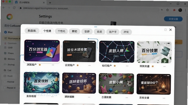 百分浏览器个性化标签栏与皮肤设置界面,展示多款不同风格的皮肤预览,背景为浏览器设置页面,突出其高度可定制性