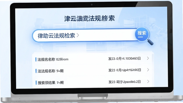 律助云法规检索页面，搜索框突出显示，下方展示搜索结果列表，包含法规名称与发布时间，背景为淡蓝色渐变，辅以放大镜图标，体现快速检索与全面覆盖的特点。