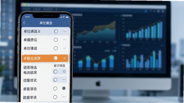 卓仕遴选智能筛选功能演示,手机界面展示数据列表与筛选结果高亮显示,背景为模糊的电脑屏幕与数据图表,画面清晰,强调效率与精准