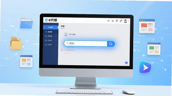 现代简约风格的电脑桌面场景,屏幕中显示e代搜软件的主界面,搜索框高亮,周围有文件、网页等图标元素悬浮,背景为浅蓝色科技感渐变,整体画面明亮清晰,突出软件的高效与便捷。