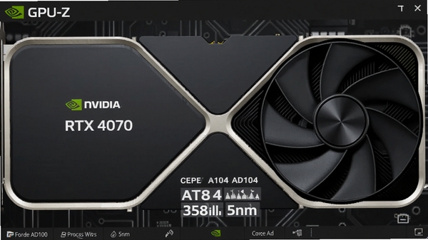 GPU-Z软件界面特写，显示NVIDIA GeForce RTX 4070显卡的核心代号AD104、制程工艺5nm、晶体管数量358亿等详细规格参数，背景为半透明的电路板线条，整体风格硬朗清晰
