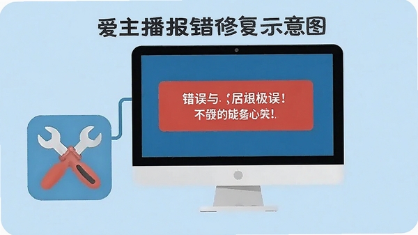 爱主播报错修复示意图，电脑屏幕显示错误提示，旁边有修复工具图标，背景为浅蓝色，简洁明了