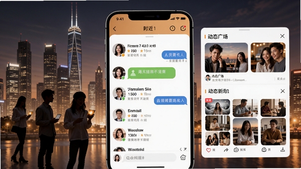 天天约软件主界面预览图，展示附近的人列表、聊天窗口和动态广场，背景为现代都市夜景，人物剪影与手机界面融合，整体色调温暖明亮，突出社交氛围