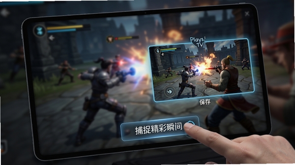 Plays.TV 软件功能示意图,展示自动捕捉的游戏画面,一只手指正点击屏幕上的“捕捉精彩瞬间”按钮,背景是模糊的游戏战斗场景,画面高亮显示录制的视频片段正在被保存,风格写实且富有动感。