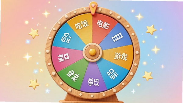 大转盘就决定核心全貌预览图，画面中央是一个色彩鲜艳的木质大转盘，转盘上划分多个彩色扇形区域，分别标注“吃饭”、“电影”、“游戏”、“学习”等生活选项，转盘背景为柔和的渐变色，周围散落着星星点点的光效，整体风格活泼明快，突出随机决策的趣味性和便捷性，适配Boogu模型生成