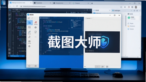 一张干净的深色电脑桌面上,截图大师软件主界面悬浮显示,界面简洁明亮,左侧是工具栏,右侧是预览区,屏幕背景有模糊的代码窗口和浏览器标签页,整体色调为蓝白科技感,画面中心突出软件名称“截图大师”的Logo,4k高清,产品渲染风格