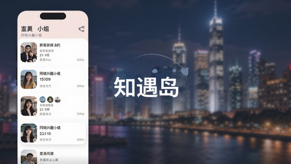 知遇岛app主界面预览图，展示同城兴趣小组列表，背景为模糊的城市夜景，色彩柔和，突出社交氛围，画面中心有“知遇岛”logo，整体风格现代简约，适配手机竖屏展示