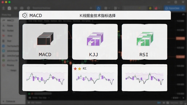 K线掘金技术指标选择界面，展示MACD、KDJ、RSI等指标选项，背景为软件主界面，图标排列整齐，风格简约