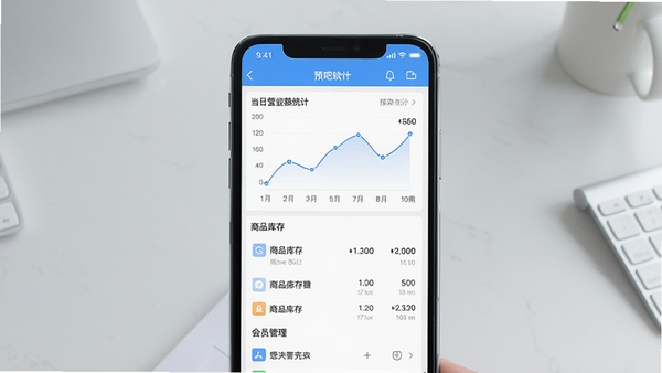 经营吧软件主界面预览图,手机屏幕中显示当日营业额统计折线图、商品库存列表和会员管理入口,背景为简约浅灰色办公桌面,整体风格清爽专业,画面中心突出APP界面细节