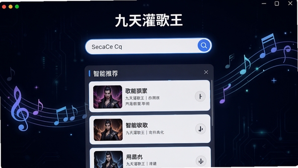 九天灌歌王歌曲搜索界面截图，突出搜索框与智能推荐列表，背景为深色科技感渐变，音乐音符元素环绕，画面聚焦于软件功能的便捷性