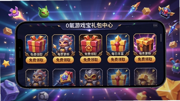 0氪游戏宝礼包中心界面,手机屏幕上展示多款热门游戏礼包图标,每个礼包标注“免费领取”按钮,背景为彩色光效与游戏元素,画面活泼,突出资源丰富与每日更新